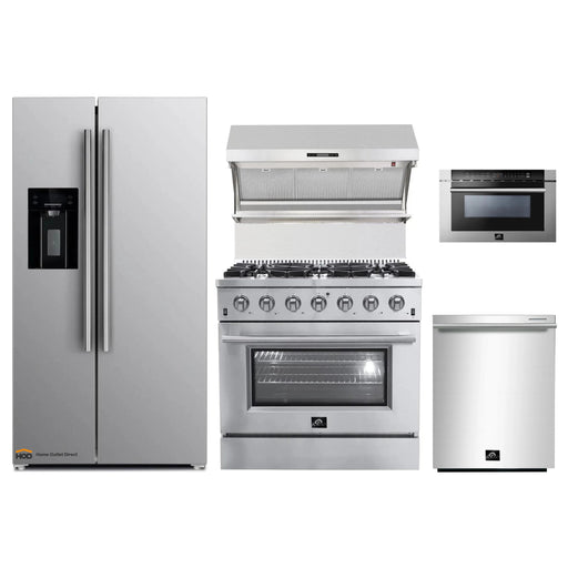 Forno 5-Piece Appliance Package - 36-Inch Gas Range, Refrigerator with Water Dispenser, Wall Mount Hood with Backsplash, Microwave Drawer, & 3-Rack Dishwasher in Stainless Steel FORNO