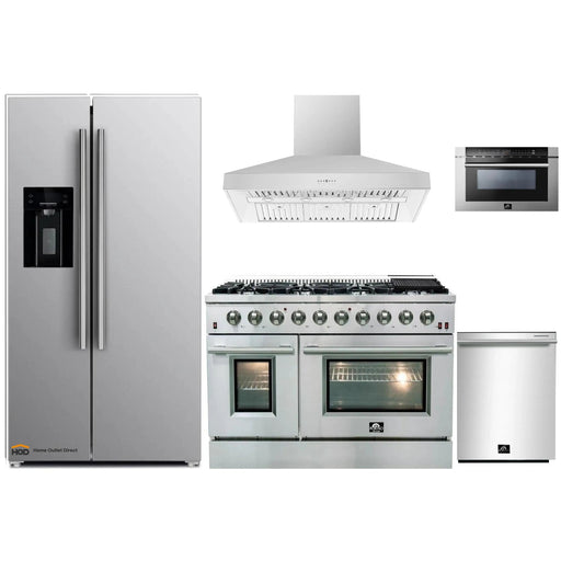 Forno 5-Piece Appliance Package - 48-Inch Gas Range, Refrigerator with Water Dispenser, Wall Mount Hood, Microwave Drawer, & 3-Rack Dishwasher in Stainless Steel FORNO