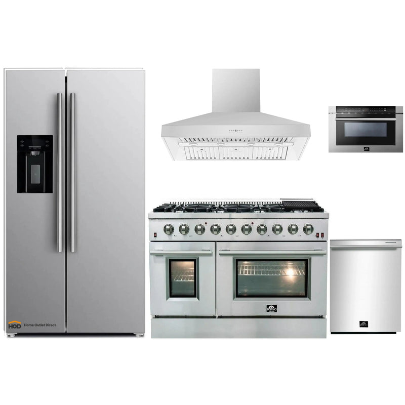 Forno 5-Piece Appliance Package - 48-Inch Gas Range, Refrigerator with Water Dispenser, Wall Mount Hood, Microwave Drawer, & 3-Rack Dishwasher in Stainless Steel