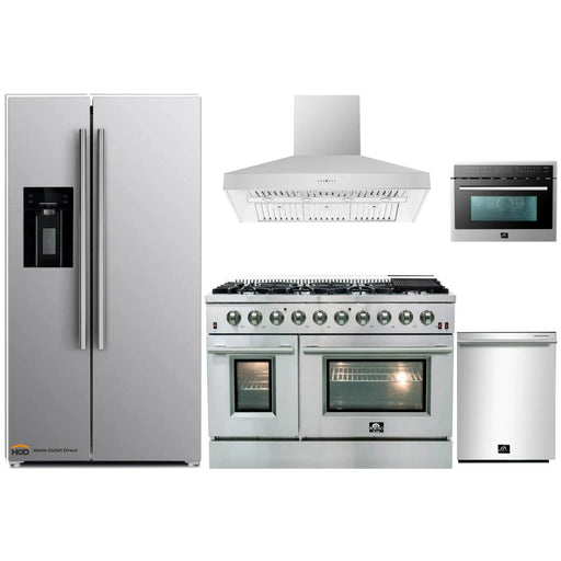 Forno 5-Piece Appliance Package - 48-Inch Gas Range, Refrigerator with Water Dispenser, Wall Mount Hood, Microwave Oven, & 3-Rack Dishwasher in Stainless Steel FORNO
