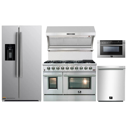 Forno 5-Piece Appliance Package - 48-Inch Gas Range, Refrigerator with Water Dispenser, Wall Mount Hood with Backsplash, Microwave Drawer, & 3-Rack Dishwasher in Stainless Steel FORNO