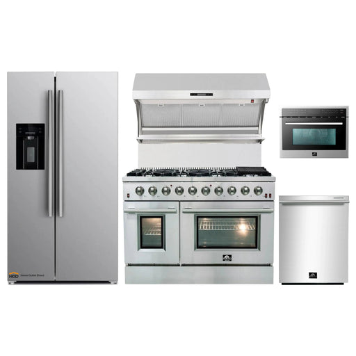 Forno 5-Piece Appliance Package - 48-Inch Gas Range, Refrigerator with Water Dispenser, Wall Mount Hood with Backsplash, Microwave Oven, & 3-Rack Dishwasher in Stainless Steel FORNO