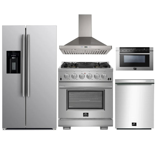 Forno 5-Piece Pro Appliance Package - 30-Inch Gas Range, Refrigerator with Water Dispenser, Wall Mount Hood, Microwave Drawer, & 3-Rack Dishwasher in Stainless Steel FORNO
