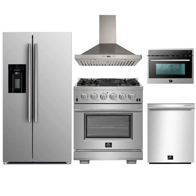 Forno 5-Piece Pro Appliance Package - 30-Inch Gas Range, Refrigerator with Water Dispenser, Wall Mount Hood, Microwave Oven, & 3-Rack Dishwasher in Stainless Steel