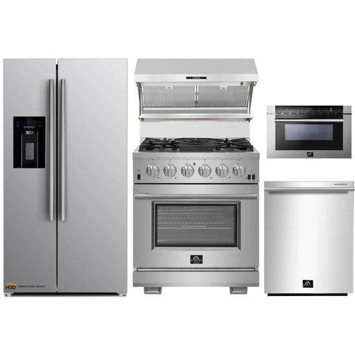 Forno 5-Piece Pro Appliance Package - 30-Inch Gas Range, Refrigerator with Water Dispenser, Wall Mount Hood with Backsplash, Microwave Drawer, & 3-Rack Dishwasher in Stainless Steel FORNO