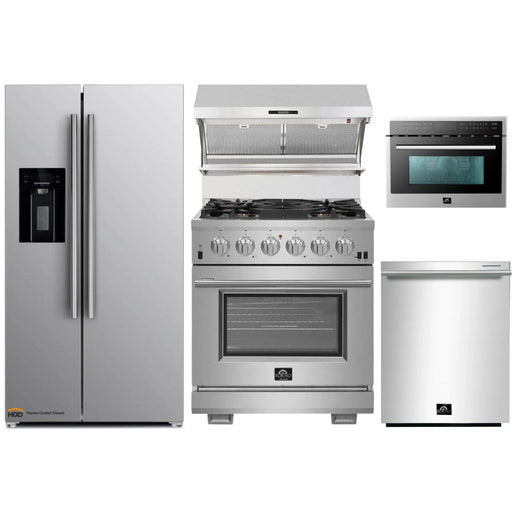 Forno 5-Piece Pro Appliance Package - 30-Inch Gas Range, Refrigerator with Water Dispenser, Wall Mount Hood with Backsplash, Microwave Oven, & 3-Rack Dishwasher in Stainless Steel FORNO