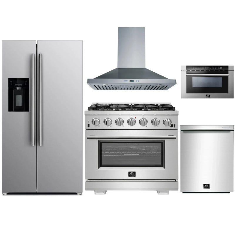 Forno 5-Piece Pro Appliance Package - 36-Inch Gas Range, Refrigerator with Water Dispenser, Wall Mount Hood, Microwave Drawer, & 3-Rack Dishwasher in Stainless Steel