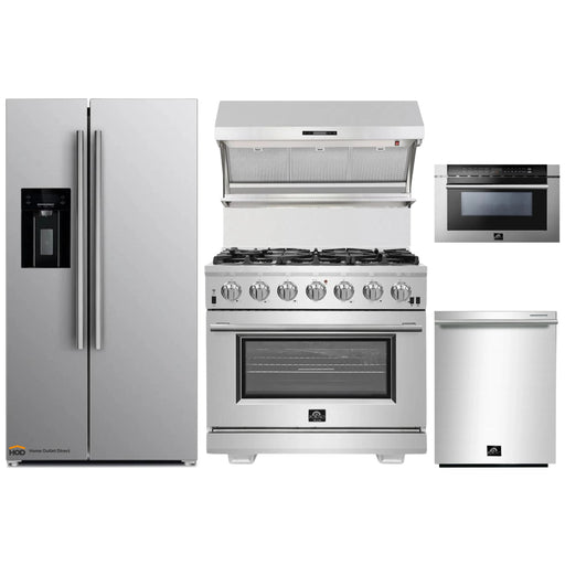 Forno 5-Piece Pro Appliance Package - 36-Inch Gas Range, Refrigerator with Water Dispenser, Wall Mount Hood with Backsplash, Microwave Drawer, & 3-Rack Dishwasher in Stainless Steel FORNO