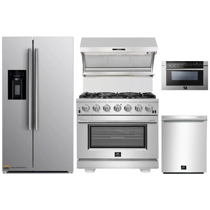 Forno 5-Piece Pro Appliance Package - 36-Inch Gas Range, Refrigerator with Water Dispenser, Wall Mount Hood with Backsplash, Microwave Drawer, & 3-Rack Dishwasher in Stainless Steel FORNO