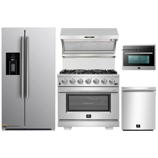 Forno 5-Piece Pro Appliance Package - 36-Inch Gas Range, Refrigerator with Water Dispenser, Wall Mount Hood with Backsplash, Microwave Oven, & 3-Rack Dishwasher in Stainless Steel FORNO