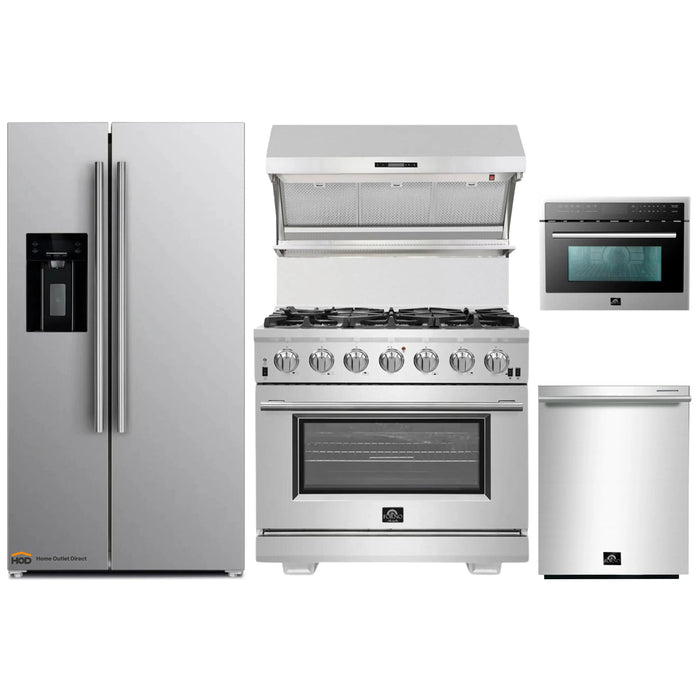 Forno 5-Piece Pro Appliance Package - 36-Inch Gas Range, Refrigerator with Water Dispenser, Wall Mount Hood with Backsplash, Microwave Oven, & 3-Rack Dishwasher in Stainless Steel FORNO