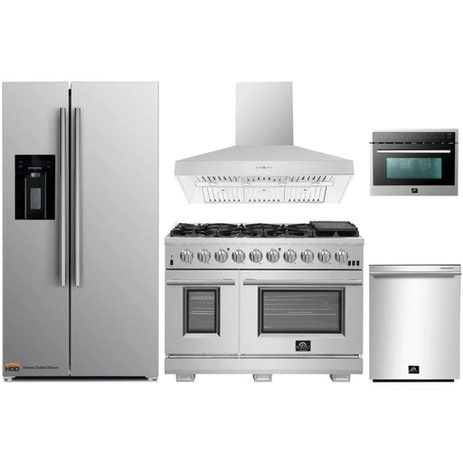 Forno 5-Piece Pro Appliance Package - 48-Inch Gas Range, Refrigerator with Water Dispenser, Wall Mount Hood, Microwave Oven, & 3-Rack Dishwasher in Stainless Steel FORNO
