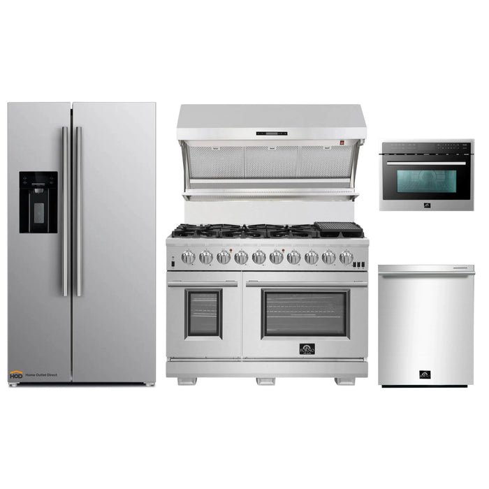 Forno 5-Piece Pro Appliance Package - 48-Inch Gas Range, Refrigerator with Water Dispenser, Wall Mount Hood with Backsplash, Microwave Oven, & 3-Rack Dishwasher in Stainless Steel FORNO