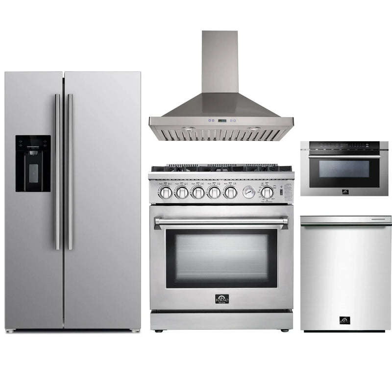 Forno 5-Piece Appliance Package - 30-Inch Gas Range, Refrigerator with Water Dispenser, Wall Mount Hood, Microwave Drawer, & 3-Rack Dishwasher in Stainless Steel