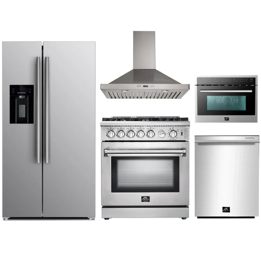 Forno 5-Piece Appliance Package - 30-Inch Gas Range, Refrigerator with Water Dispenser, Wall Mount Hood, Microwave Oven, & 3-Rack Dishwasher in Stainless Steel FORNO