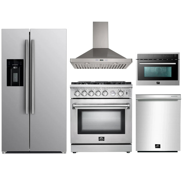 Forno 5-Piece Appliance Package - 30-Inch Gas Range, Refrigerator with Water Dispenser, Wall Mount Hood, Microwave Oven, & 3-Rack Dishwasher in Stainless Steel FORNO