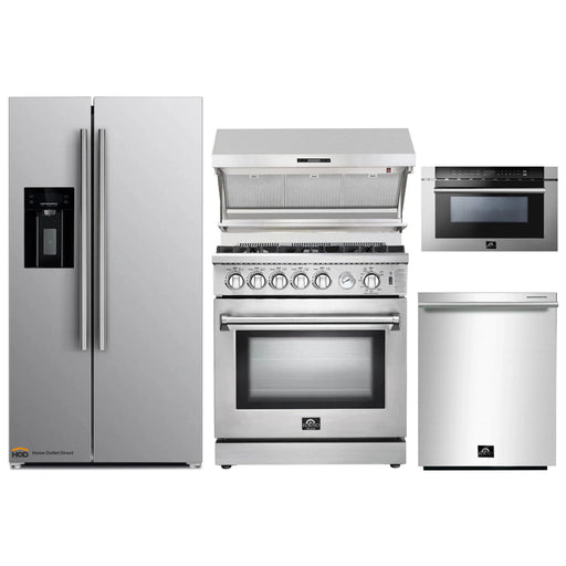 Forno 5-Piece Appliance Package - 30-Inch Gas Range, Refrigerator with Water Dispenser, Wall Mount Hood with Backsplash, Microwave Drawer, & 3-Rack Dishwasher in Stainless Steel FORNO