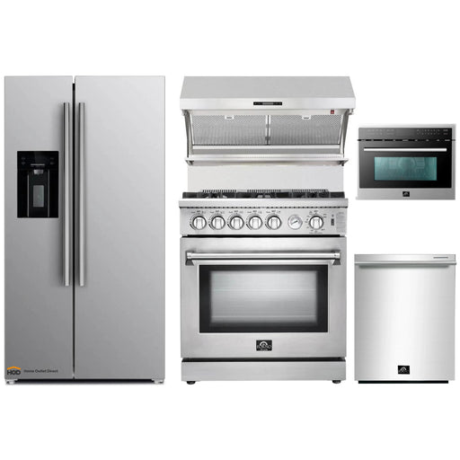 Forno 5-Piece Appliance Package - 30-Inch Gas Range, Refrigerator with Water Dispenser, Wall Mount Hood with Backsplash, Microwave Oven, & 3-Rack Dishwasher in Stainless Steel FORNO