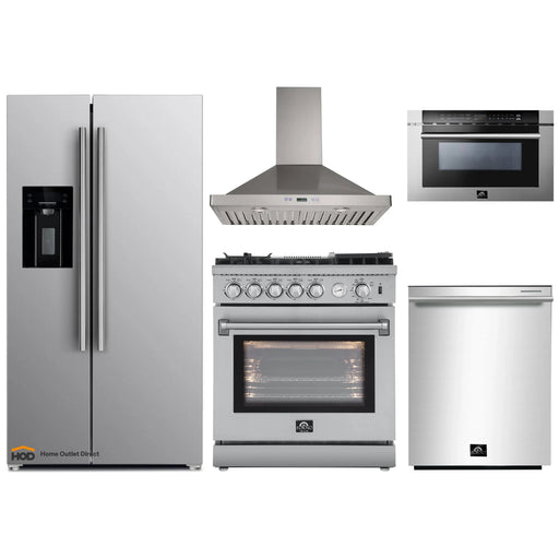 Forno 5-Piece Appliance Package - 30-Inch Gas Range with Air Fryer, Refrigerator with Water Dispenser, Wall Mount Hood, Microwave Drawer, & 3-Rack Dishwasher in Stainless Steel FORNO