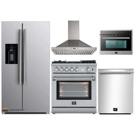 Forno 5-Piece Appliance Package - 30-Inch Gas Range with Air Fryer, Refrigerator with Water Dispenser, Wall Mount Hood, Microwave Oven, & 3-Rack Dishwasher in Stainless Steel FORNO