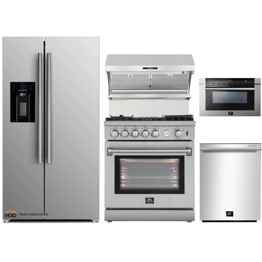Forno 5-Piece Appliance Package - 30-Inch Gas Range with Air Fryer, Refrigerator with Water Dispenser, Wall Mount Hood with Backsplash, Microwave Drawer, & 3-Rack Dishwasher in Stainless Steel FORNO