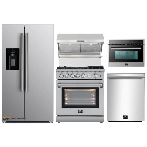Forno 5-Piece Appliance Package - 30-Inch Gas Range with Air Fryer, Refrigerator with Water Dispenser, Wall Mount Hood with Backsplash, Microwave Oven, & 3-Rack Dishwasher in Stainless Steel FORNO
