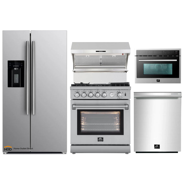 Forno 5-Piece Appliance Package - 30-Inch Gas Range with Air Fryer, Refrigerator with Water Dispenser, Wall Mount Hood with Backsplash, Microwave Oven, & 3-Rack Dishwasher in Stainless Steel FORNO