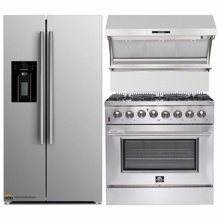 Forno 3-Piece Appliance Package - 36-Inch Dual Fuel Range, Refrigerator with Water Dispenser, & Wall Mount Hood with Backsplash in Stainless Steel FORNO