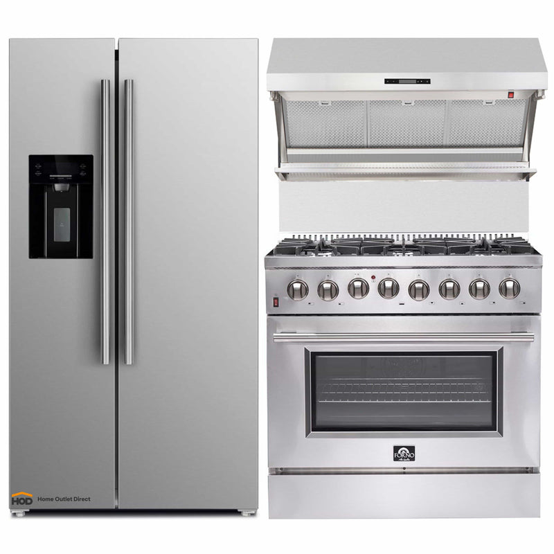 Forno 3-Piece Appliance Package - 36-Inch Dual Fuel Range, Refrigerator with Water Dispenser, & Wall Mount Hood with Backsplash in Stainless Steel