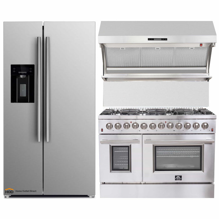 Forno 3-Piece Appliance Package - 48-Inch Dual Fuel Range, Refrigerator with Water Dispenser, & Wall Mount Hood with Backsplash in Stainless Steel FORNO