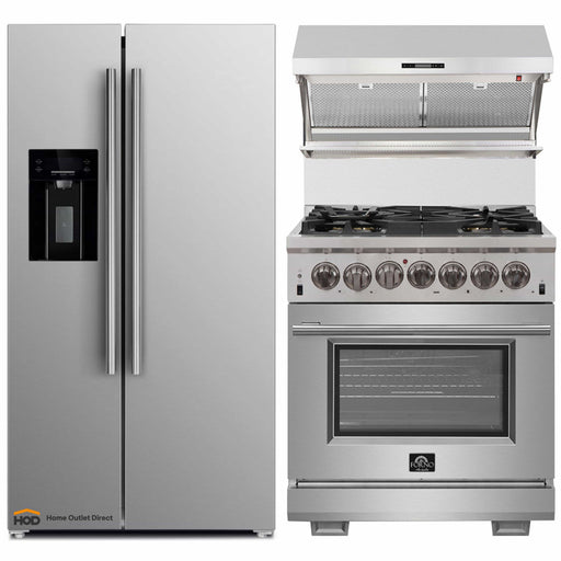 Forno 3-Piece Pro Appliance Package - 30-Inch Dual Fuel Range, Refrigerator with Water Dispenser,& Wall Mount Hood with Backsplash in Stainless Steel FORNO