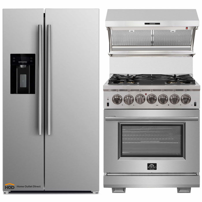Forno 3-Piece Pro Appliance Package - 30-Inch Dual Fuel Range, Refrigerator with Water Dispenser,& Wall Mount Hood with Backsplash in Stainless Steel FORNO
