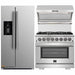 Forno 3-Piece Pro Appliance Package - 36-Inch Dual Fuel Range, Refrigerator with Water Dispenser,& Wall Mount Hood with Backsplash in Stainless Steel FORNO