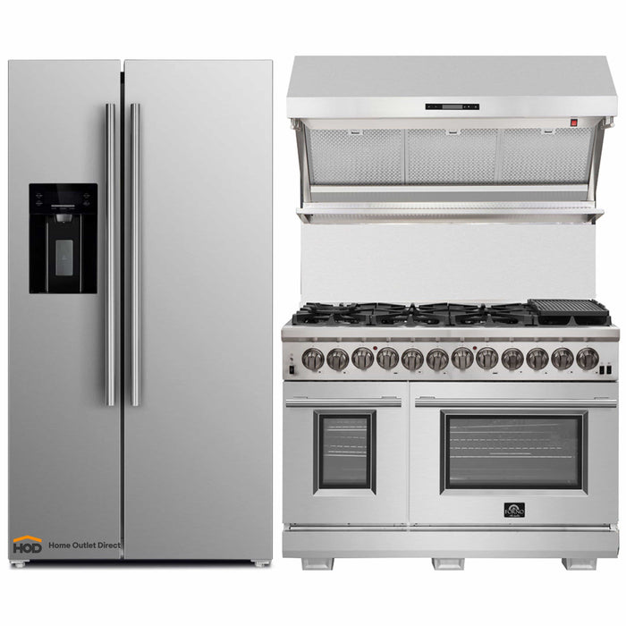Forno 3-Piece Pro Appliance Package - 48-Inch Dual Fuel Range, Refrigerator with Water Dispenser,& Wall Mount Hood with Backsplash in Stainless Steel FORNO
