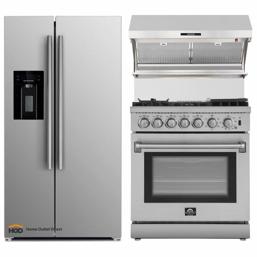 Forno 3-Piece Appliance Package - 30-Inch Dual Fuel Range with Air Fryer, Refrigerator with Water Dispenser, & Wall Mount Hood with Backsplash in Stainless Steel FORNO