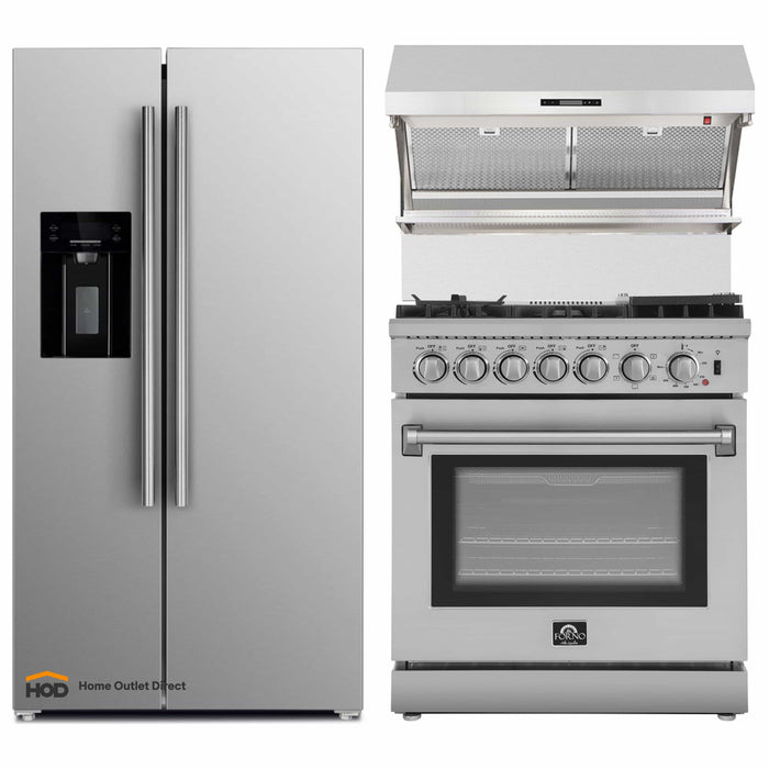 Forno 3-Piece Appliance Package - 30-Inch Dual Fuel Range with Air Fryer, Refrigerator with Water Dispenser, & Wall Mount Hood with Backsplash in Stainless Steel FORNO