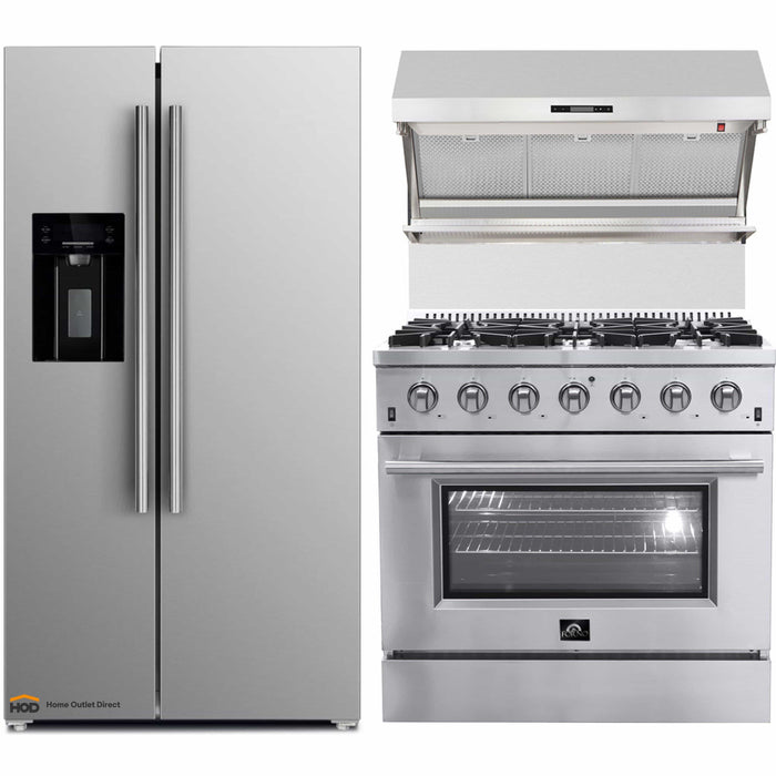 Forno 3-Piece Appliance Package - 36-Inch Gas Range, Refrigerator with Water Dispenser, & Wall Mount Hood with Backsplash in Stainless Steel FORNO