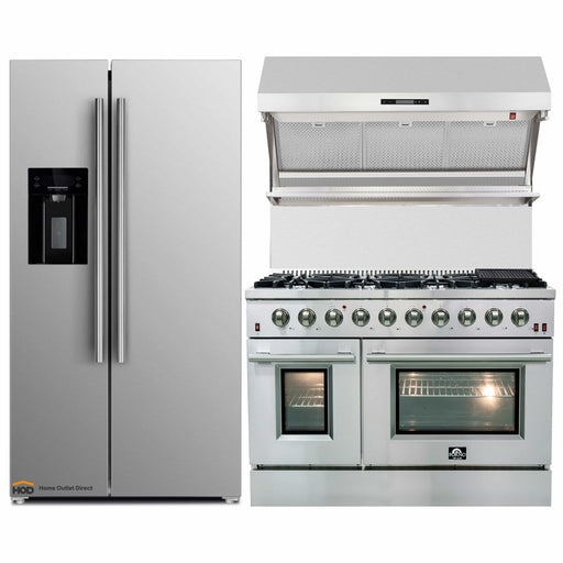 Forno 3-Piece Appliance Package - 48-Inch Gas Range, Refrigerator with Water Dispenser, & Wall Mount Hood with Backsplash in Stainless Steel FORNO