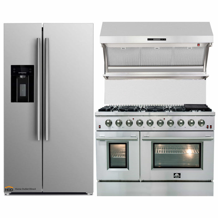 Forno 3-Piece Appliance Package - 48-Inch Gas Range, Refrigerator with Water Dispenser, & Wall Mount Hood with Backsplash in Stainless Steel FORNO
