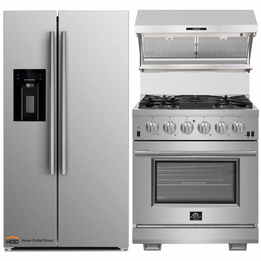 Forno 3-Piece Pro Appliance Package - 30-Inch Gas Range, Refrigerator with Water Dispenser,& Wall Mount Hood with Backsplash in Stainless Steel FORNO