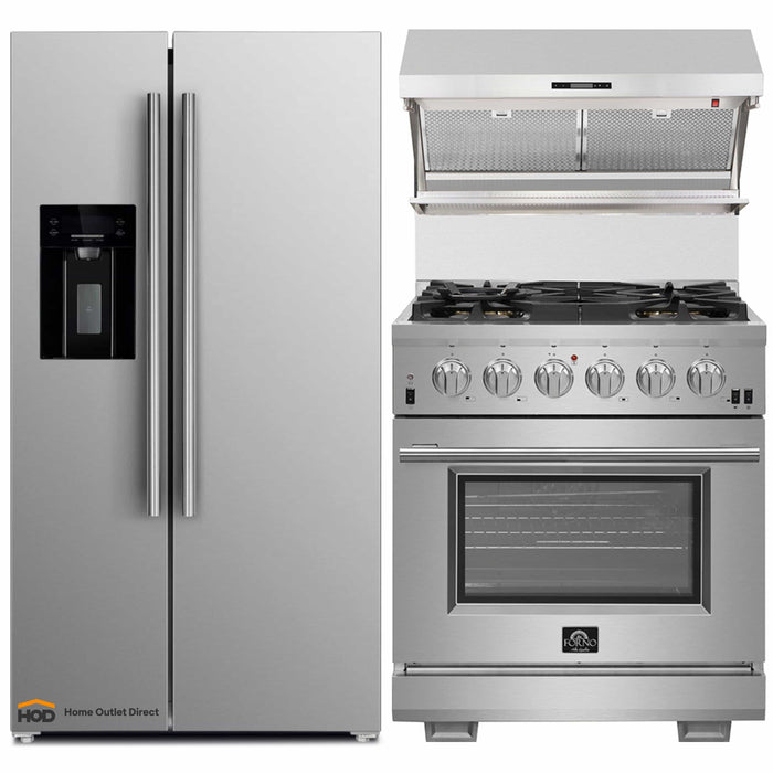 Forno 3-Piece Pro Appliance Package - 30-Inch Gas Range, Refrigerator with Water Dispenser,& Wall Mount Hood with Backsplash in Stainless Steel FORNO