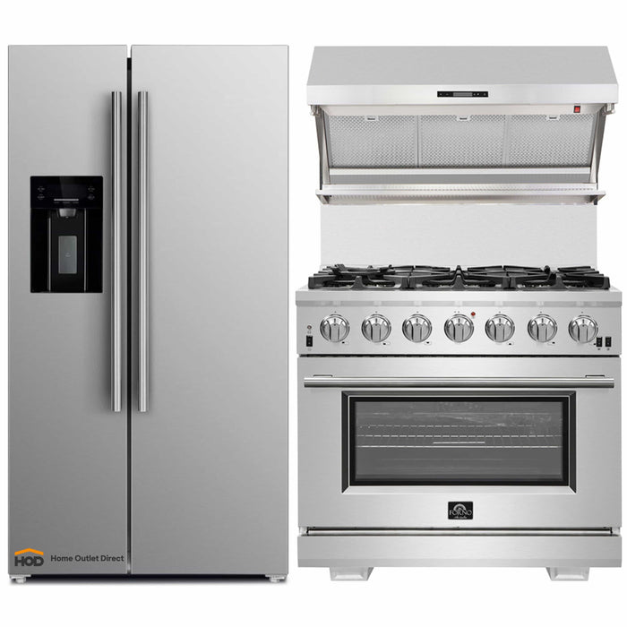 Forno 3-Piece Pro Appliance Package - 36-Inch Gas Range, Refrigerator with Water Dispenser,& Wall Mount Hood with Backsplash in Stainless Steel FORNO