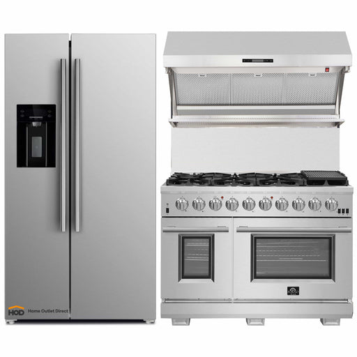 Forno 3-Piece Pro Appliance Package - 48-Inch Gas Range, Refrigerator with Water Dispenser,& Wall Mount Hood with Backsplash in Stainless Steel FORNO