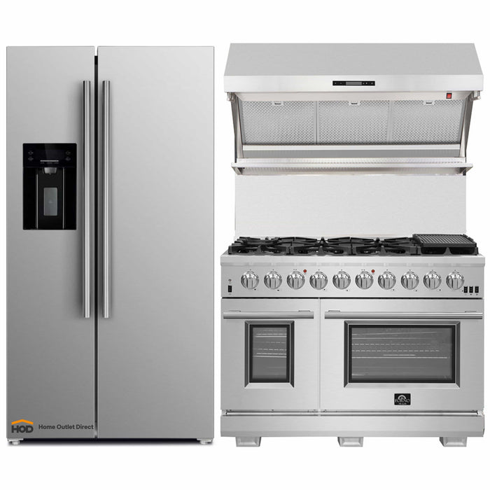 Forno 3-Piece Pro Appliance Package - 48-Inch Gas Range, Refrigerator with Water Dispenser,& Wall Mount Hood with Backsplash in Stainless Steel FORNO