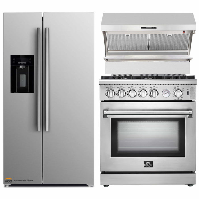 Forno 3-Piece Appliance Package - 30-Inch Gas Range, Refrigerator with Water Dispenser, & Wall Mount Hood with Backsplash in Stainless Steel FORNO