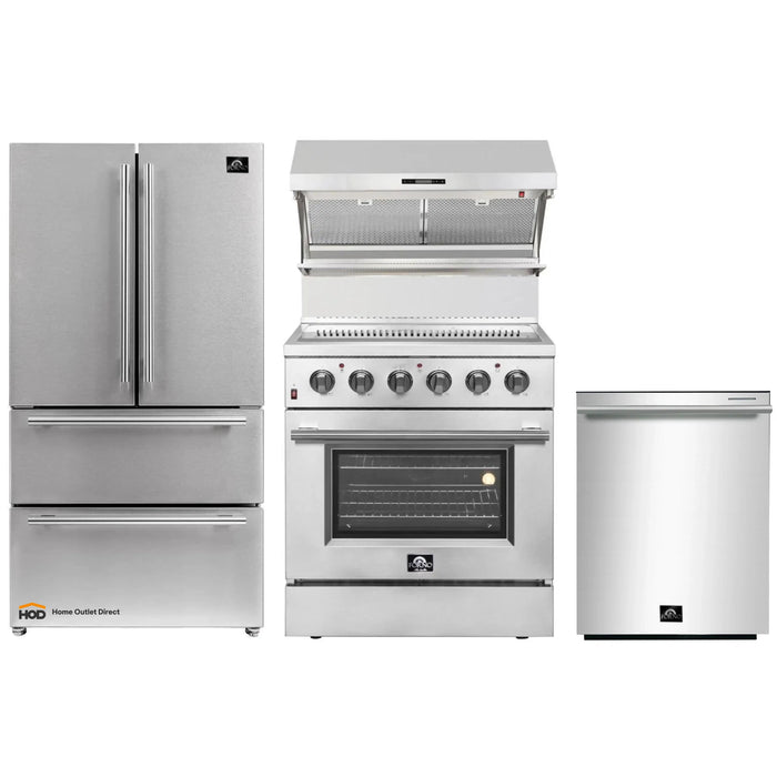 Forno 4-Piece Appliance Package - 30-Inch Electric Range, Wall Mount Range Hood with Backsplash, French Door Refrigerator, and Dishwasher in Stainless Steel FORNO