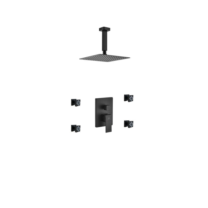 KubeBath Aqua Piazza Shower Set with Ceiling Mount Square Rain Shower and 4 Body Jets KubeBath