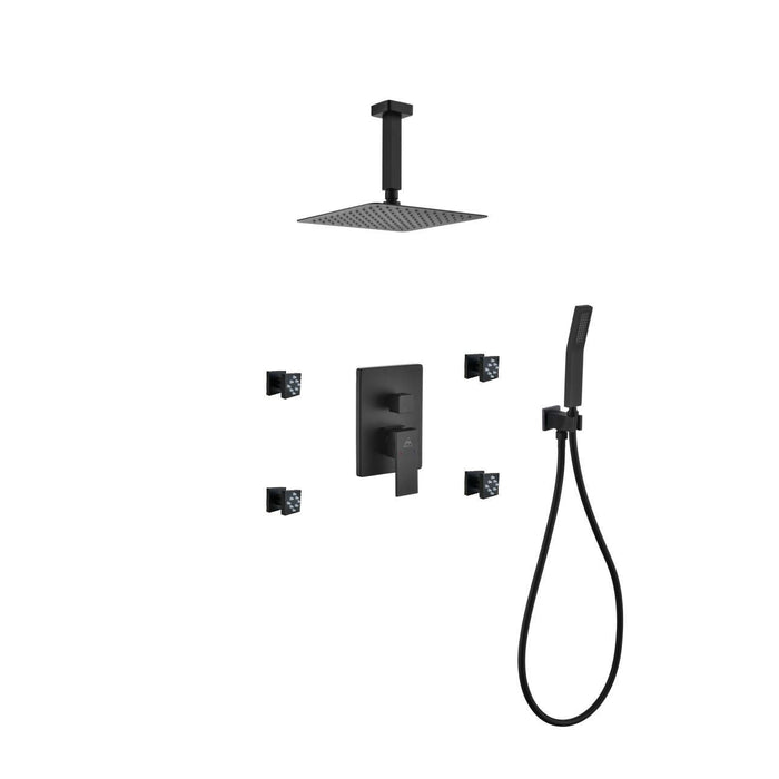 KubeBath Aqua Piazza Shower Set with Ceiling Mount Square Rain Shower, Handheld and 4 Body Jets KubeBath