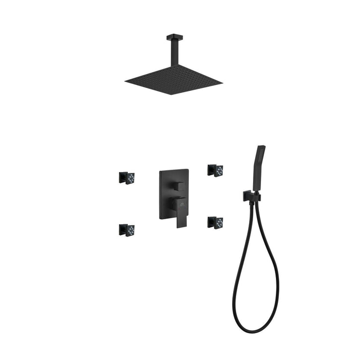 KubeBath Aqua Piazza Shower Set with Ceiling Mount Square Rain Shower, Handheld and 4 Body Jets KubeBath
