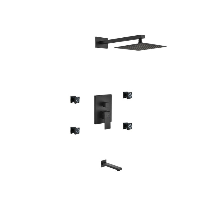 KubeBath Aqua Piazza Shower Set with Square Rain Shower, 4 Body Jets and Tub Filler KubeBath